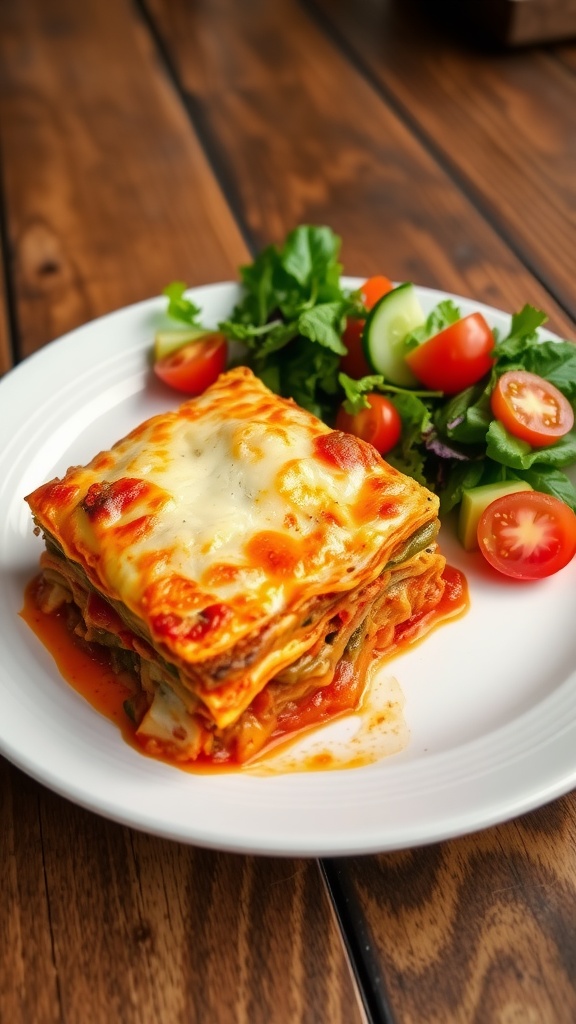 A steaming plate of classic Italian lasagna alongside a fresh garden salad with colorful ingredients.